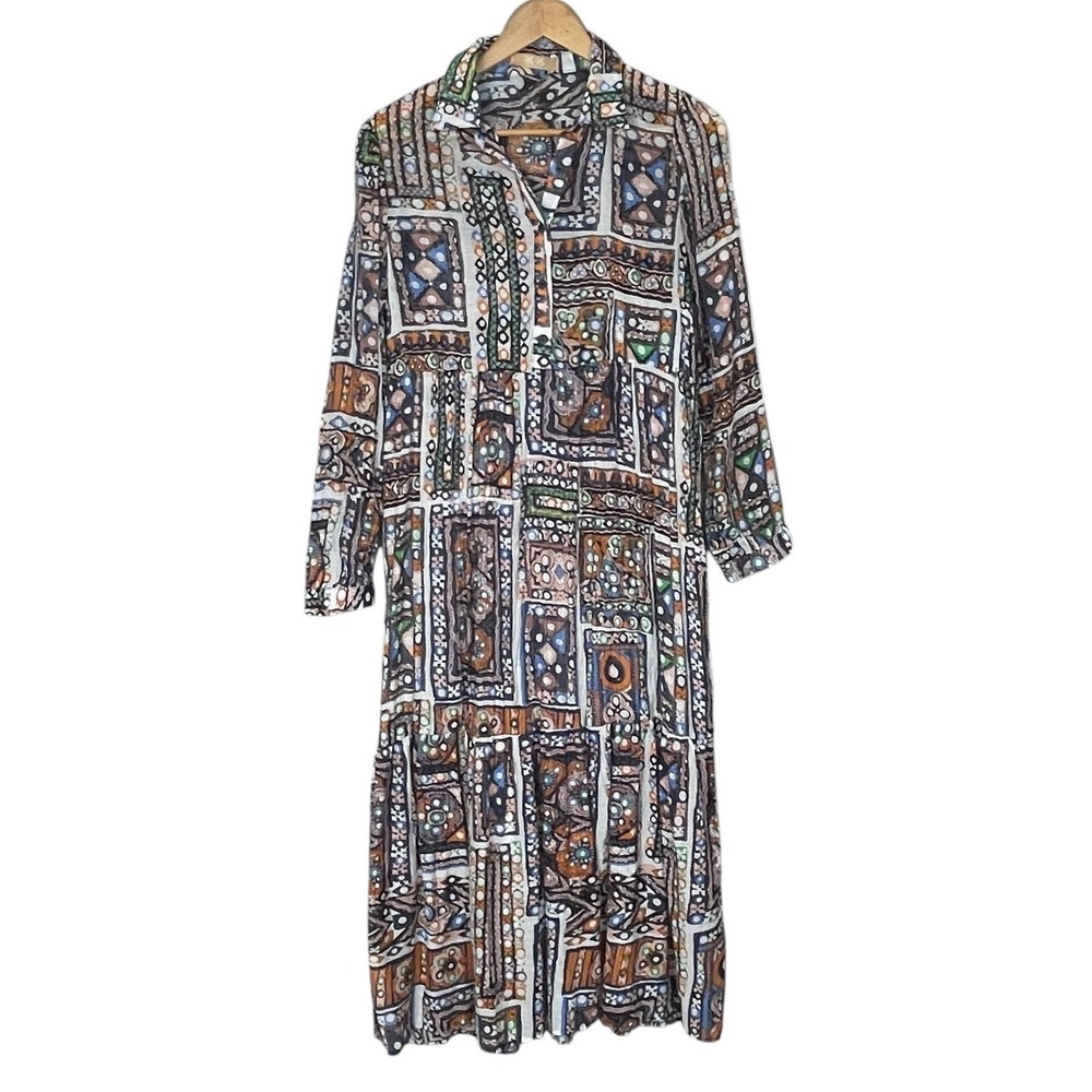 Boho Multicolor Geometric Print Tiered Midi Dress Sz M‎ Gauzy Mediterranean Chic